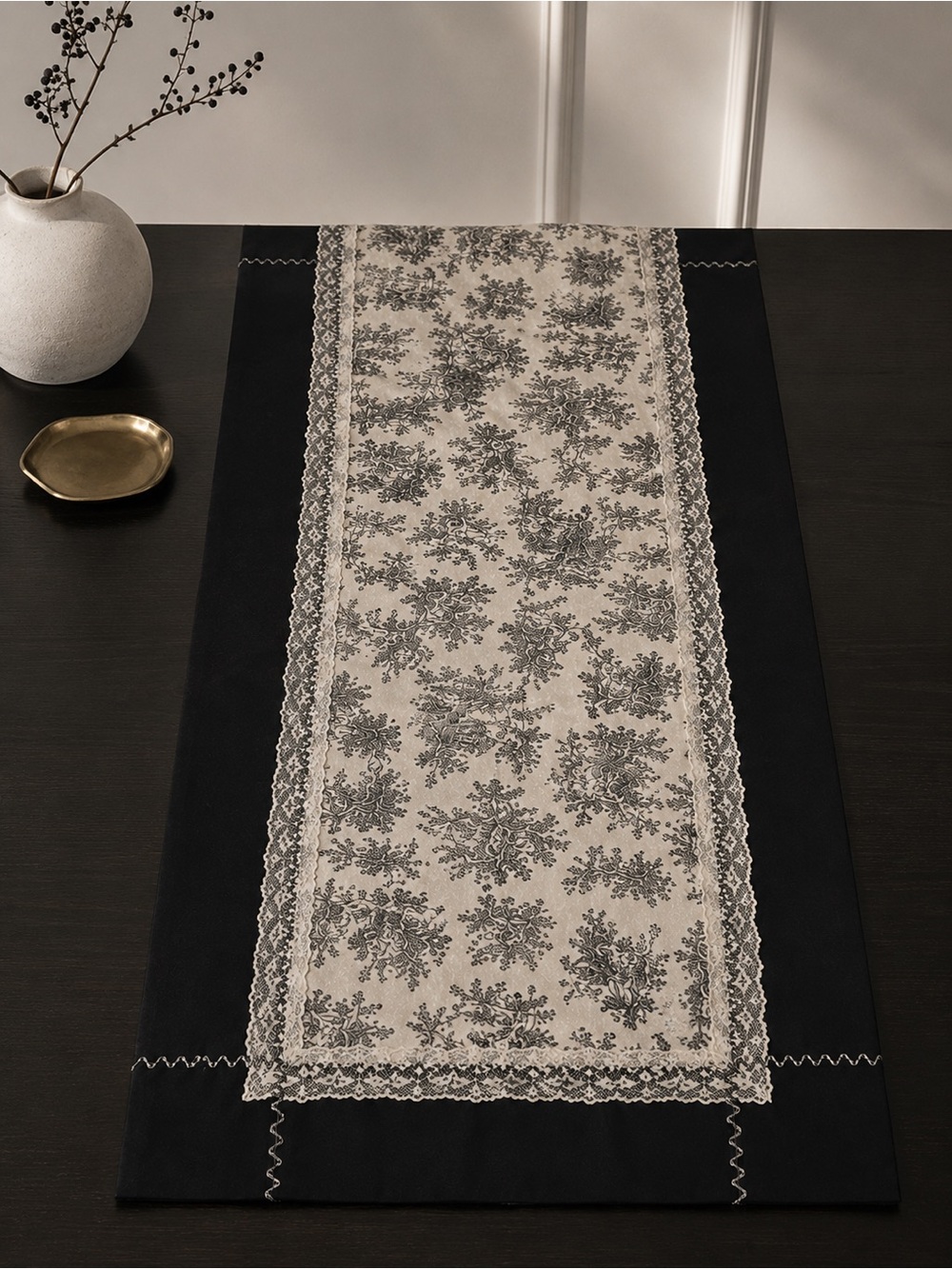 Handmade French Country Cotton Table Runner Lace Trim Cottagecore Decor